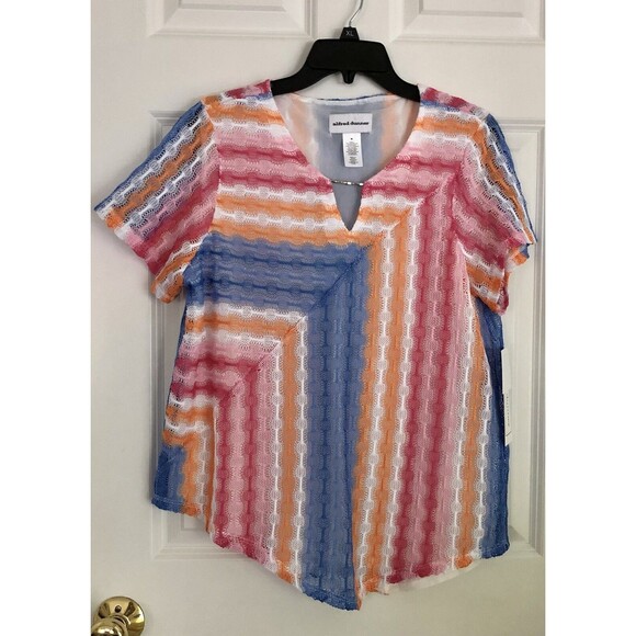 ALFRED DUNNER PARADISE ISLAND MULTICOLOR SLIP NECK SHORT SLEEVE SPLICED STRIPLE - Picture 2 of 6